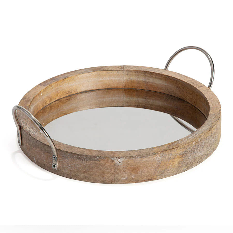Round Mirror Based Mango Wood Tray w/Handles - Farmhouse Finds