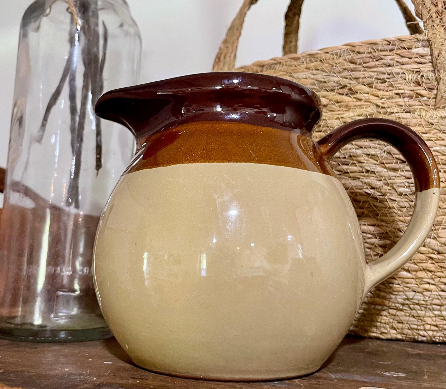 Vintage Three Tone Tricolour Brown Glazed Stoneware Pitcher - Farmhouse Finds