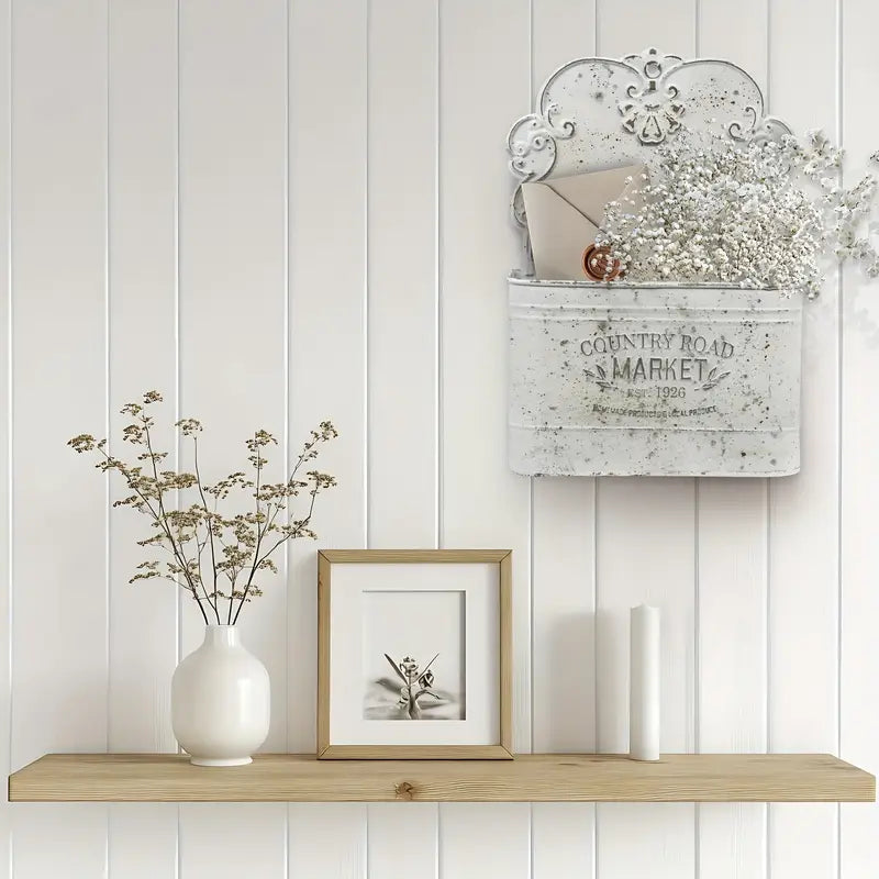 Vintage White Distressed Metal Wall Planter