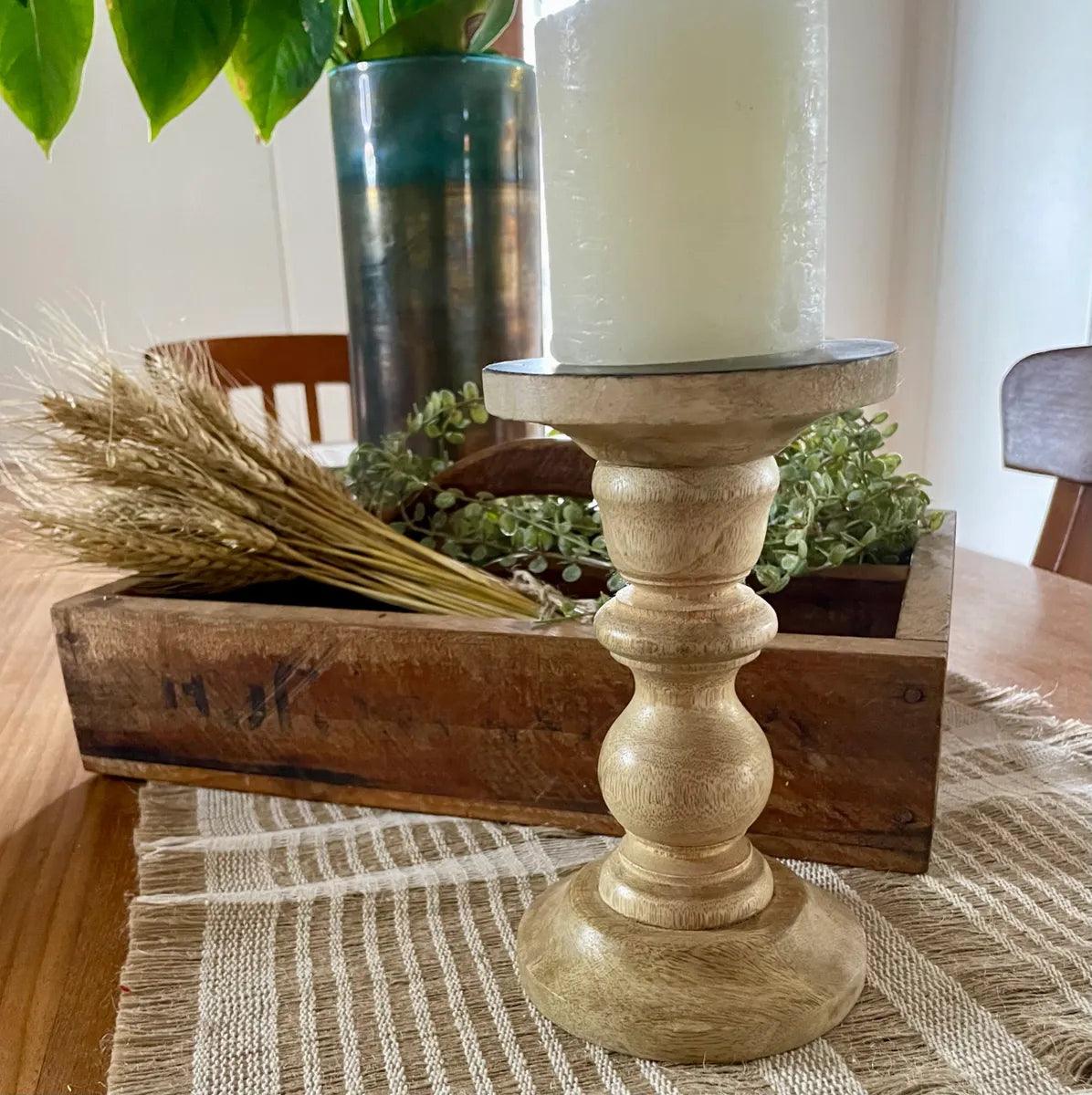 Teak Finish Wood Pillar Candle Holder - Farmhouse Finds